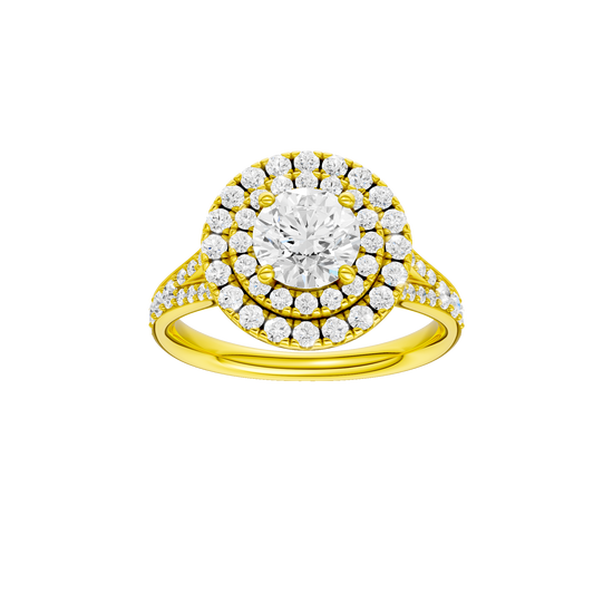 Round-cut diamond engagement ring with a channel-set diamond band and double-halo setting.