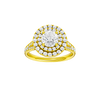 Round-cut diamond engagement ring with a channel-set diamond band and double-halo setting.