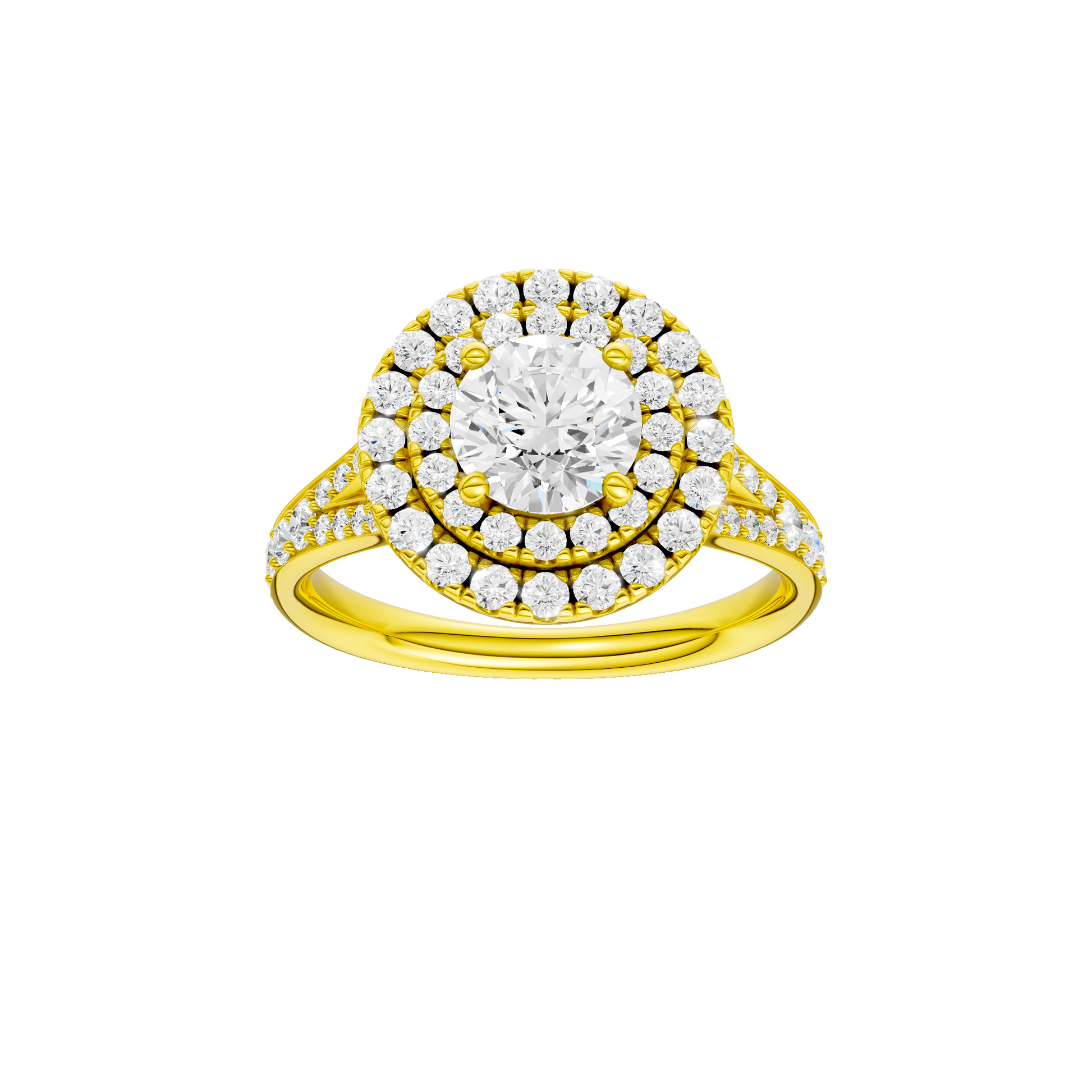 Round-cut diamond engagement ring with a channel-set diamond band and double-halo setting.