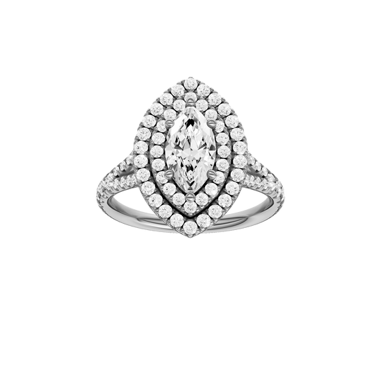 Marquise-cut diamond engagement ring with a prong-set diamond band and double-halo setting.