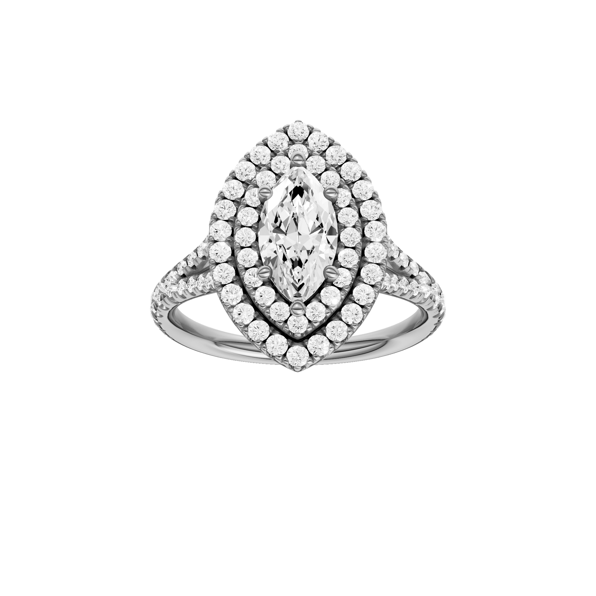 Marquise-cut diamond engagement ring with a prong-set diamond band and double-halo setting.