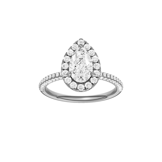 Pear-cut diamond engagement ring with a pavé-set diamond band and halo setting.