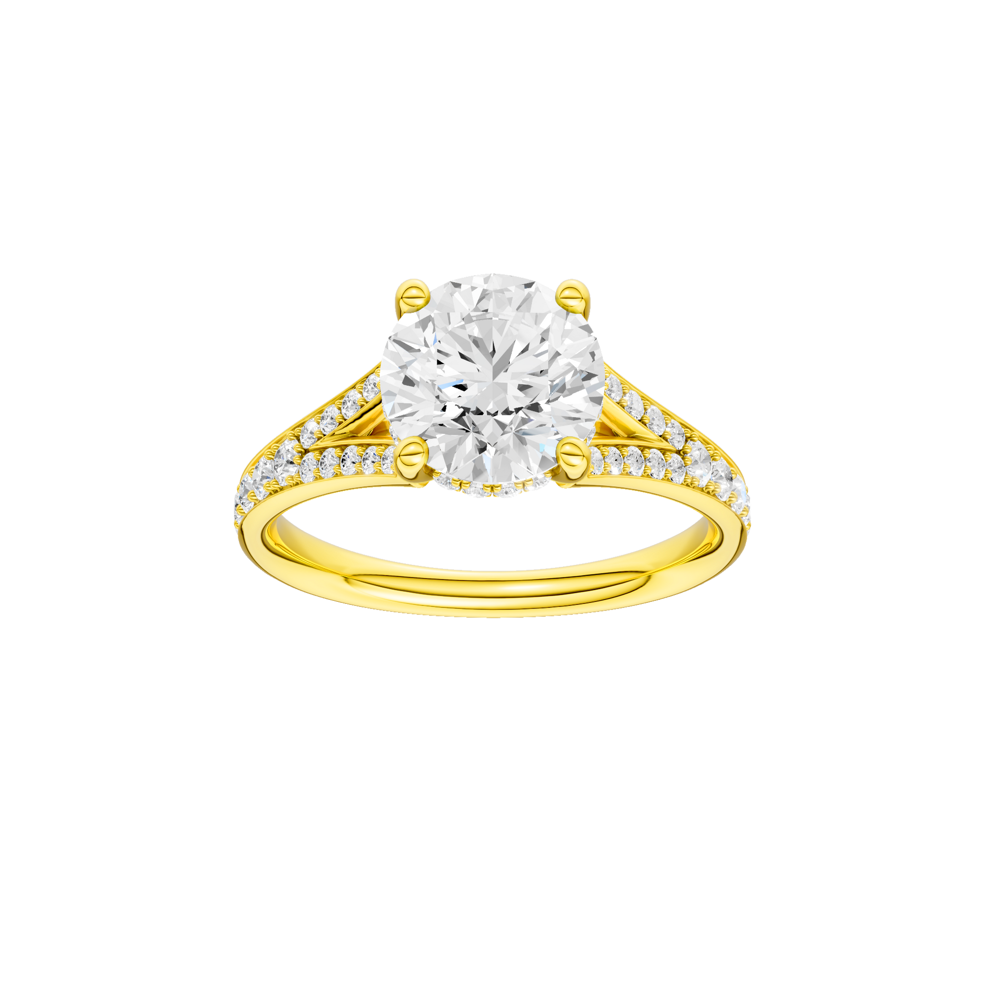 Round-cut diamond engagement ring with a channel-set diamond band and hidden-halo setting.