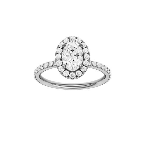 Oval-cut diamond engagement ring with a prong-set diamond band and halo setting.