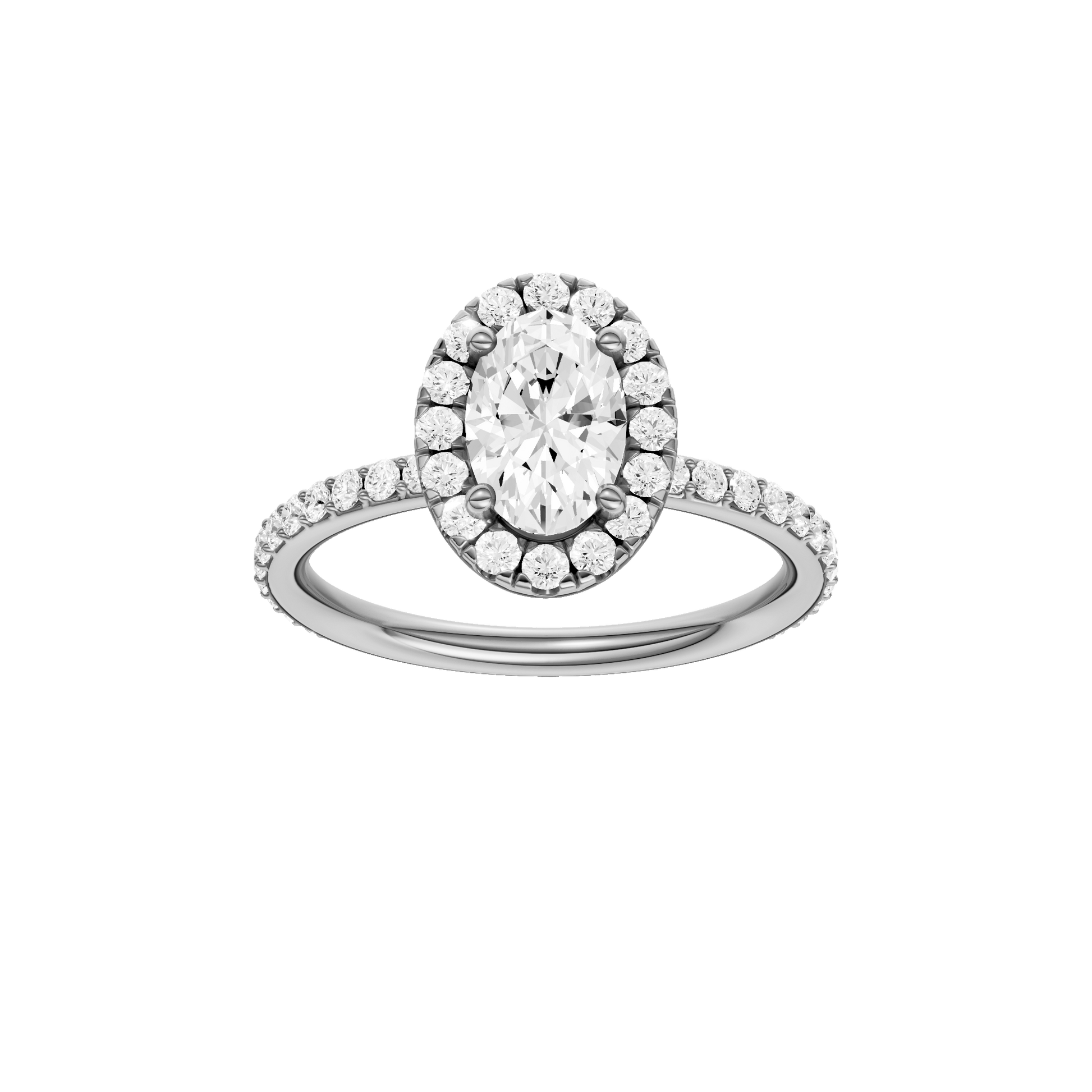 Oval-cut diamond engagement ring with a prong-set diamond band and halo setting.