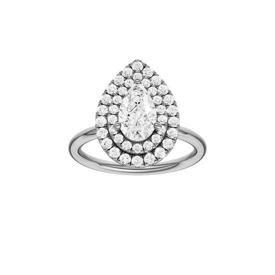 Pear-cut diamond engagement ring with a plain band and double-halo setting.