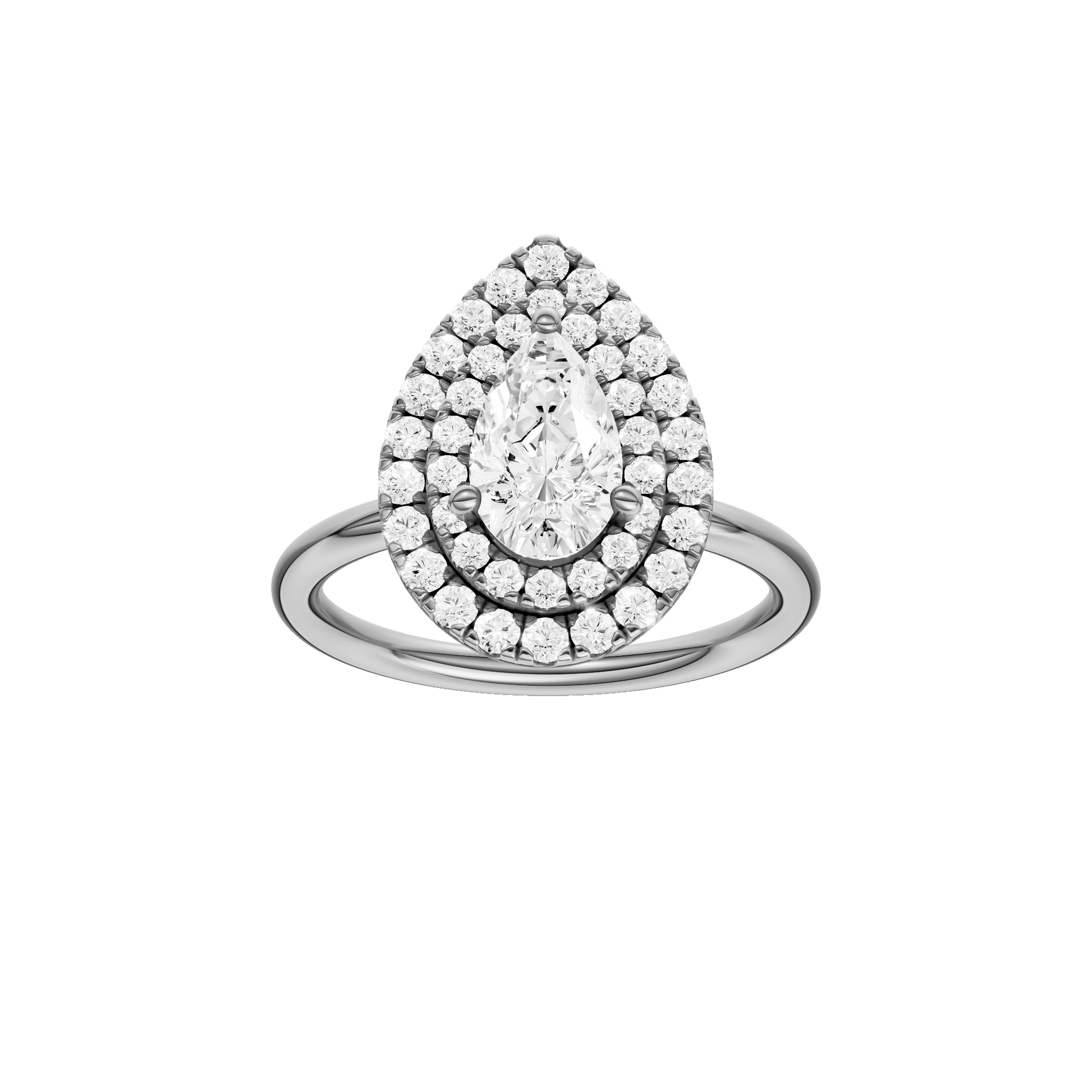 Pear-cut diamond engagement ring with a plain band and double-halo setting.