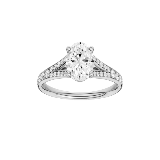 Oval-cut diamond engagement ring with a channel-set diamond band and solitaire setting.