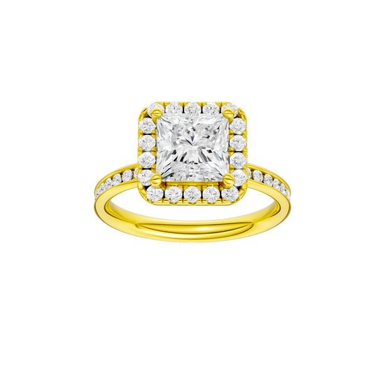 Princess-cut diamond engagement ring with a channel-set diamond band and halo setting.
