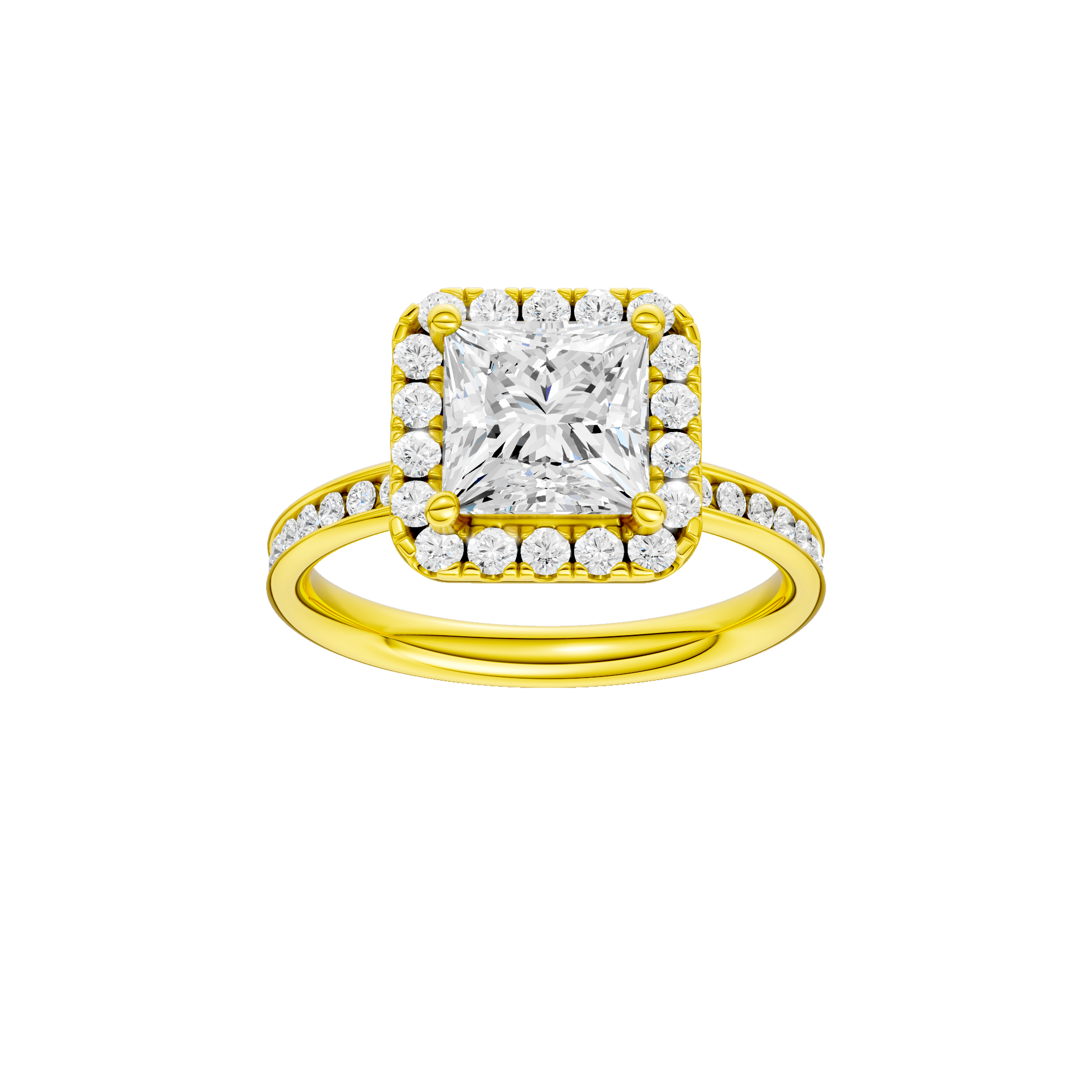 Princess-cut diamond engagement ring with a channel-set diamond band and halo setting.