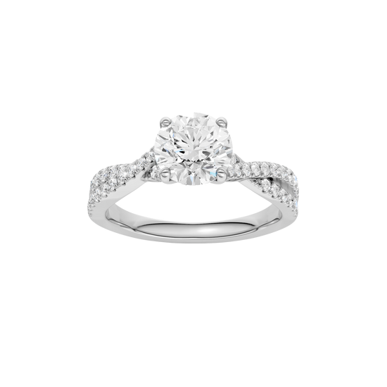 Round-cut diamond engagement ring in 14k white gold with a prong-set diamond band and twist setting