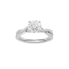 Round-cut diamond engagement ring in 14k white gold with a prong-set diamond band and twist setting