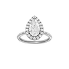 Pear-cut diamond engagement ring with a pavé-set diamond band and halo setting.