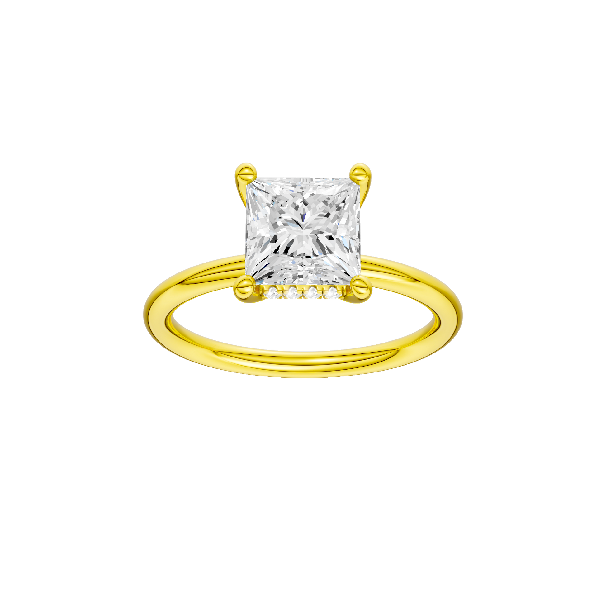 Princess-cut diamond engagement ring with a plain band and hidden-halo setting.