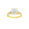 Round-cut diamond engagement ring with a channel-set diamond band and hidden-halo setting.