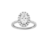 Oval-cut diamond engagement ring with a prong-set diamond band and halo setting.