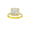 Princess-cut diamond engagement ring with a channel-set diamond band and halo setting.