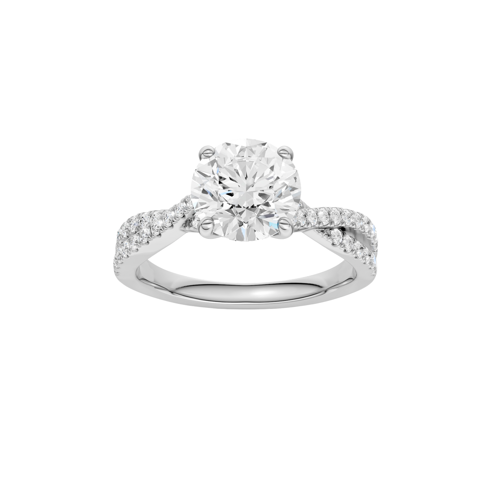 Round-cut diamond engagement ring in 14k white gold with a prong-set diamond band and twist setting