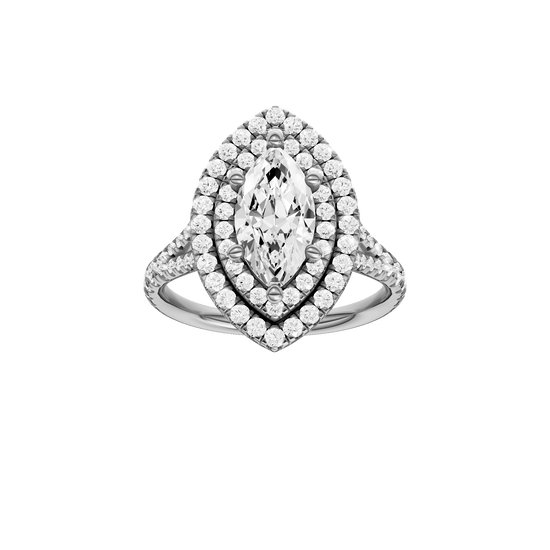 Marquise-cut diamond engagement ring with a prong-set diamond band and double-halo setting.