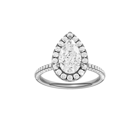 Pear-cut diamond engagement ring with a pavé-set diamond band and halo setting.