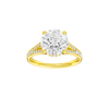 Round-cut diamond engagement ring with a channel-set diamond band and hidden-halo setting.