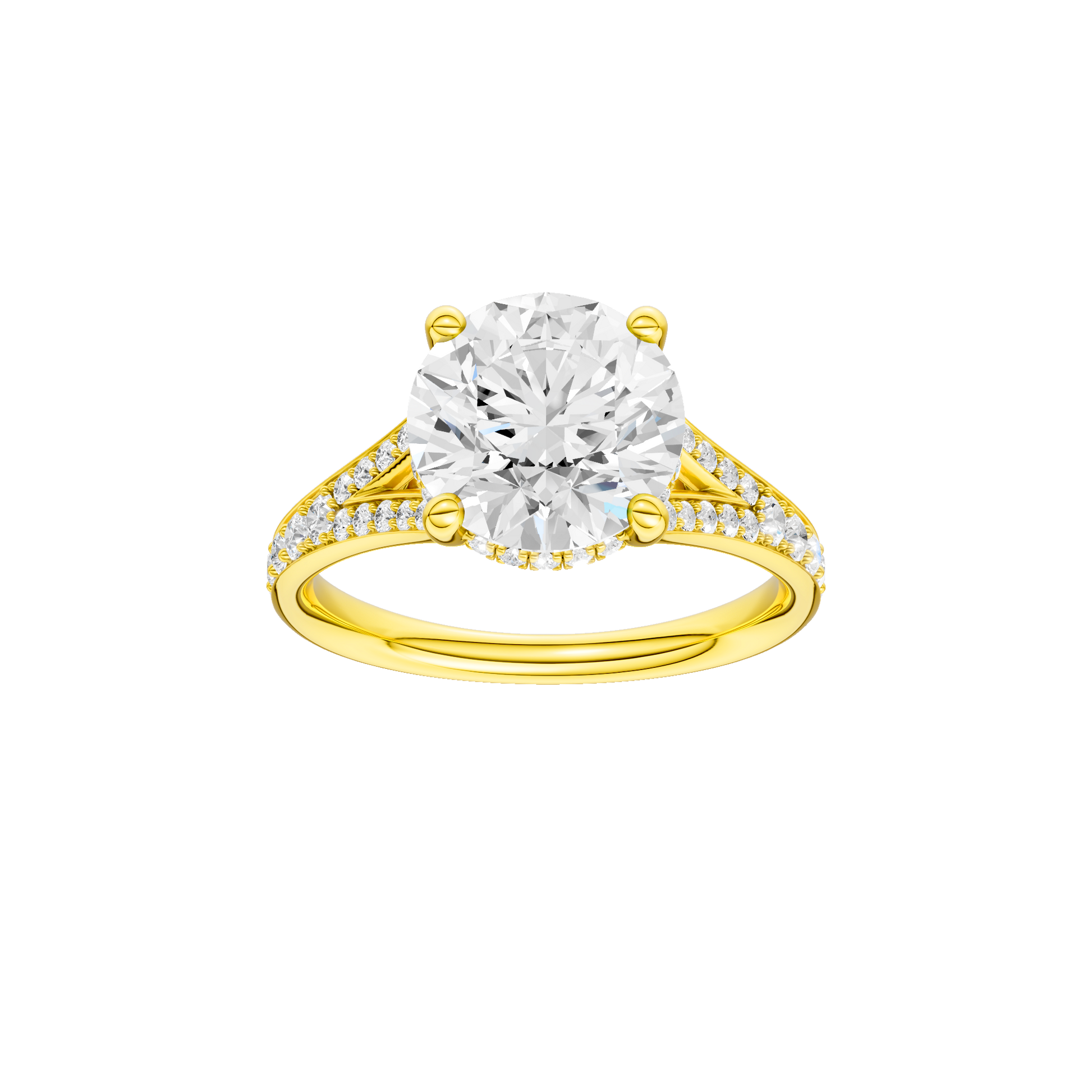 Round-cut diamond engagement ring with a channel-set diamond band and hidden-halo setting.