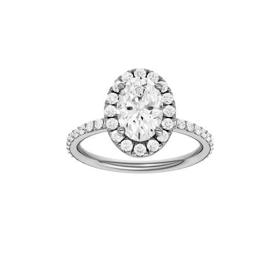 Oval-cut diamond engagement ring with a prong-set diamond band and halo setting.