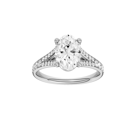 Oval-cut diamond engagement ring with a channel-set diamond band and solitaire setting.