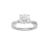 Round-cut diamond engagement ring in 14k white gold with a prong-set diamond band and twist setting