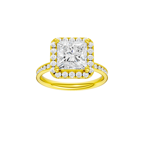 Princess-cut diamond engagement ring with a channel-set diamond band and halo setting.