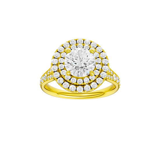 Round-cut diamond engagement ring with a channel-set diamond band and double-halo setting.