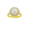 Round-cut diamond engagement ring with a channel-set diamond band and double-halo setting.