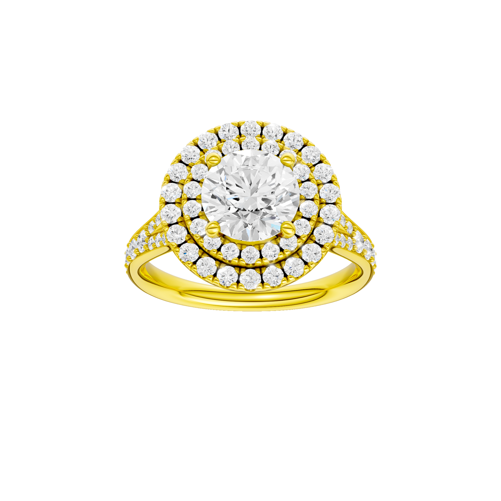 Round-cut diamond engagement ring with a channel-set diamond band and double-halo setting.