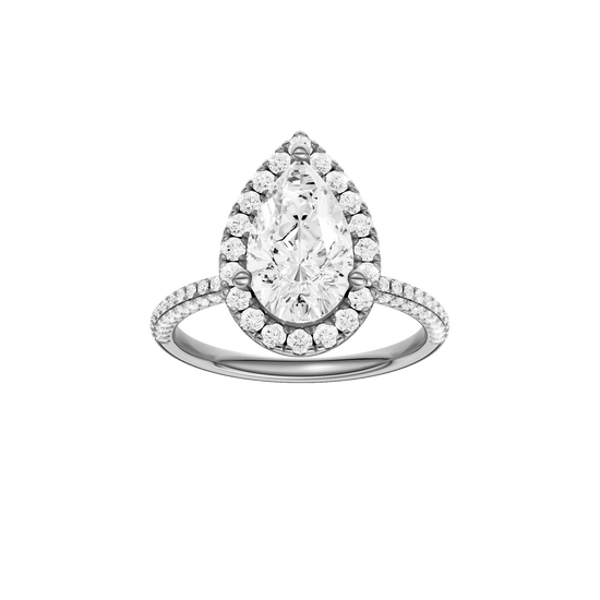 Pear-cut diamond engagement ring with a pavé-set diamond band and halo setting.