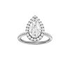 Pear-cut diamond engagement ring with a pavé-set diamond band and halo setting.