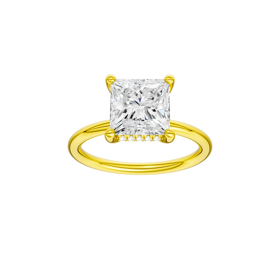Princess-cut diamond engagement ring with a plain band and hidden-halo setting.
