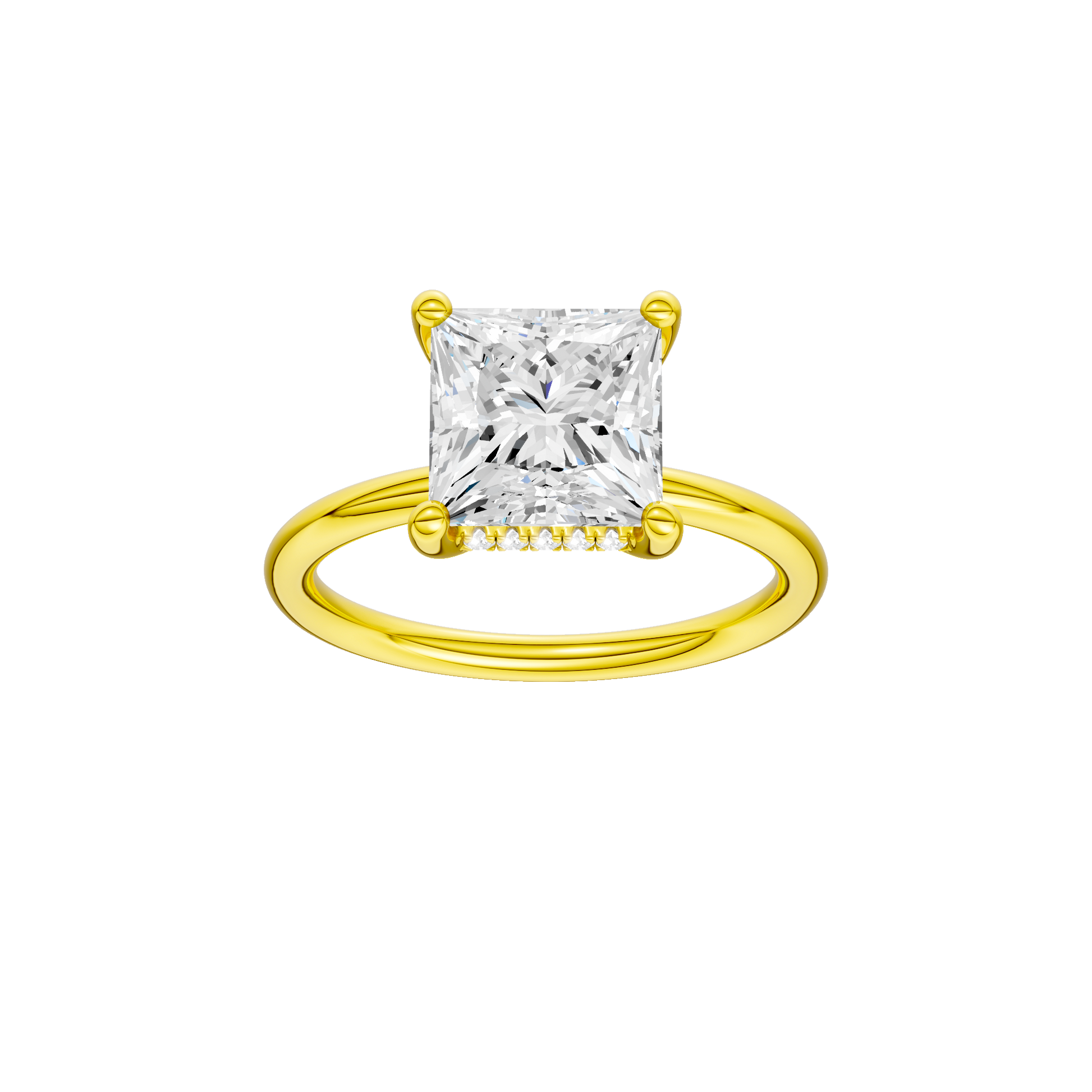 Princess-cut diamond engagement ring with a plain band and hidden-halo setting.