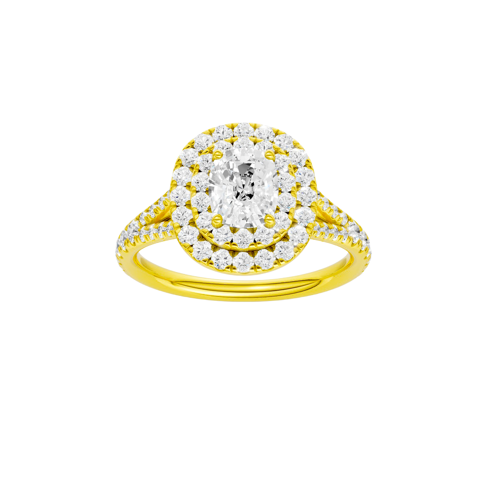 Elongated cushion-cut diamond engagement ring with a prong-set diamond band and double-halo setting.