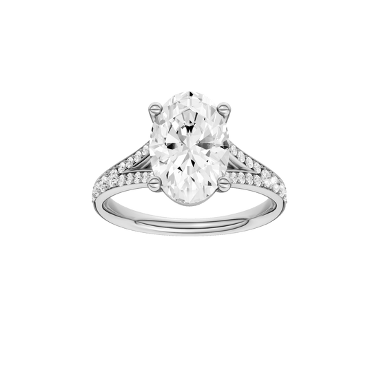 Oval-cut diamond engagement ring with a channel-set diamond band and solitaire setting.