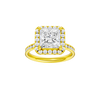 Princess-cut diamond engagement ring with a channel-set diamond band and halo setting.