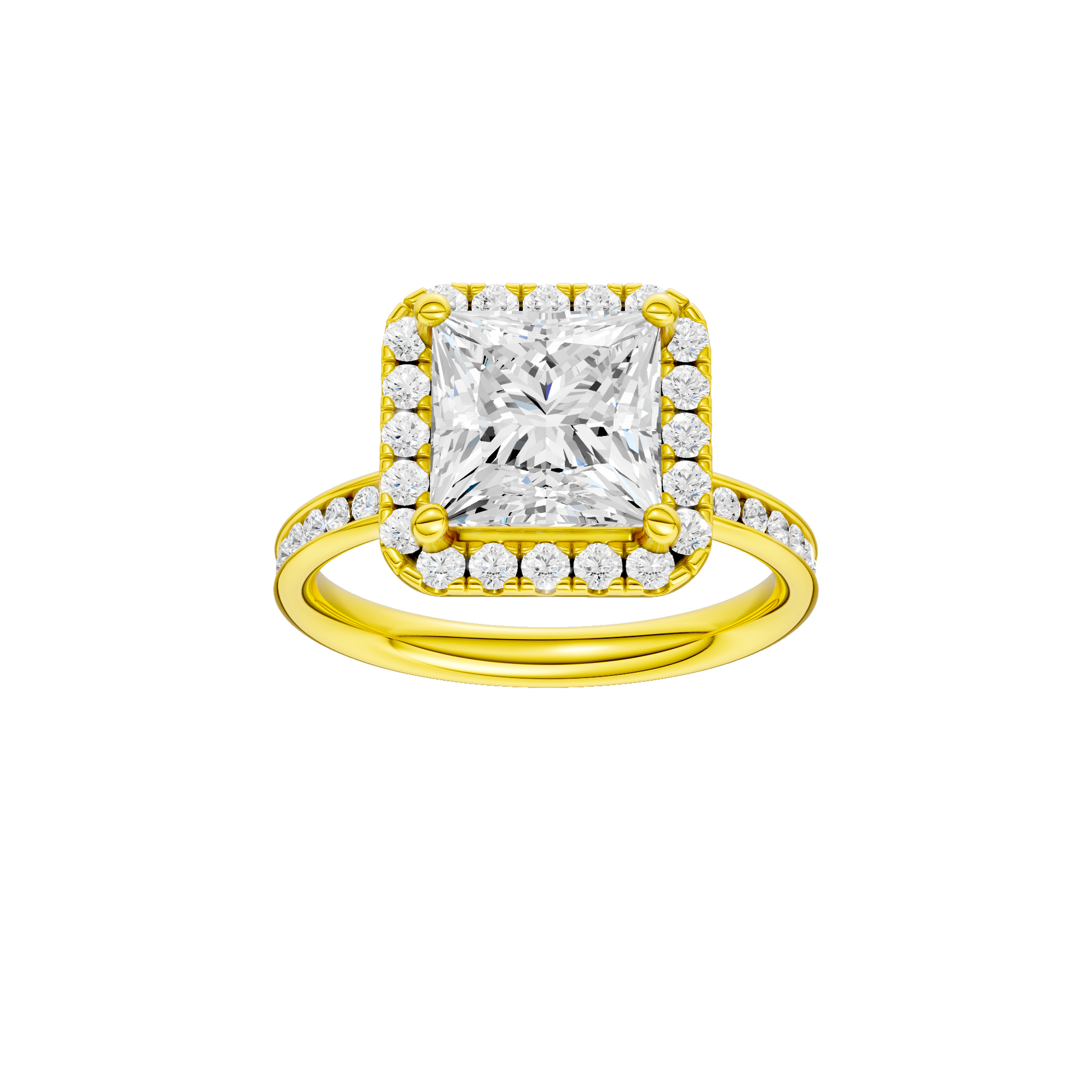 Princess-cut diamond engagement ring with a channel-set diamond band and halo setting.