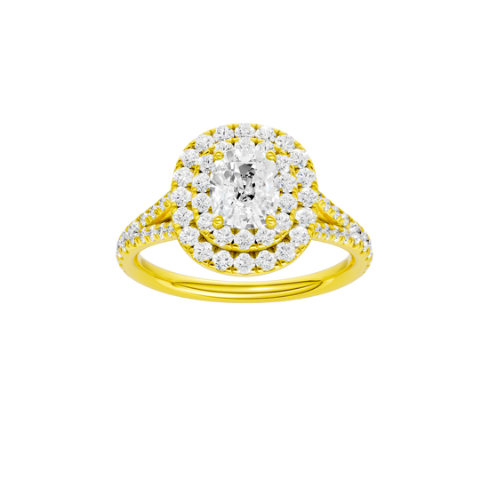 Elongated cushion-cut diamond engagement ring with a prong-set diamond band and double-halo setting.
