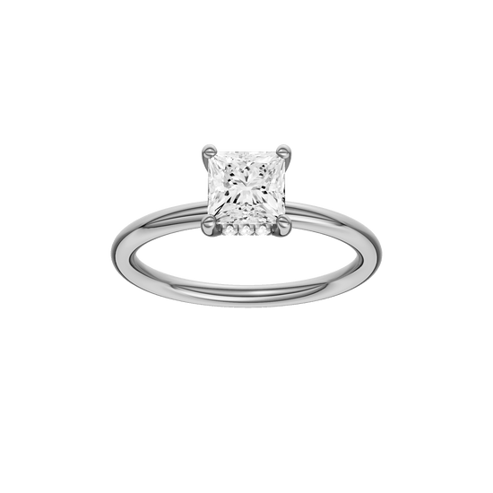 Princess-cut diamond engagement ring with a plain band and hidden-halo setting.
