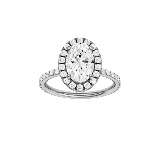Oval-cut diamond engagement ring with a prong-set diamond band and halo setting.
