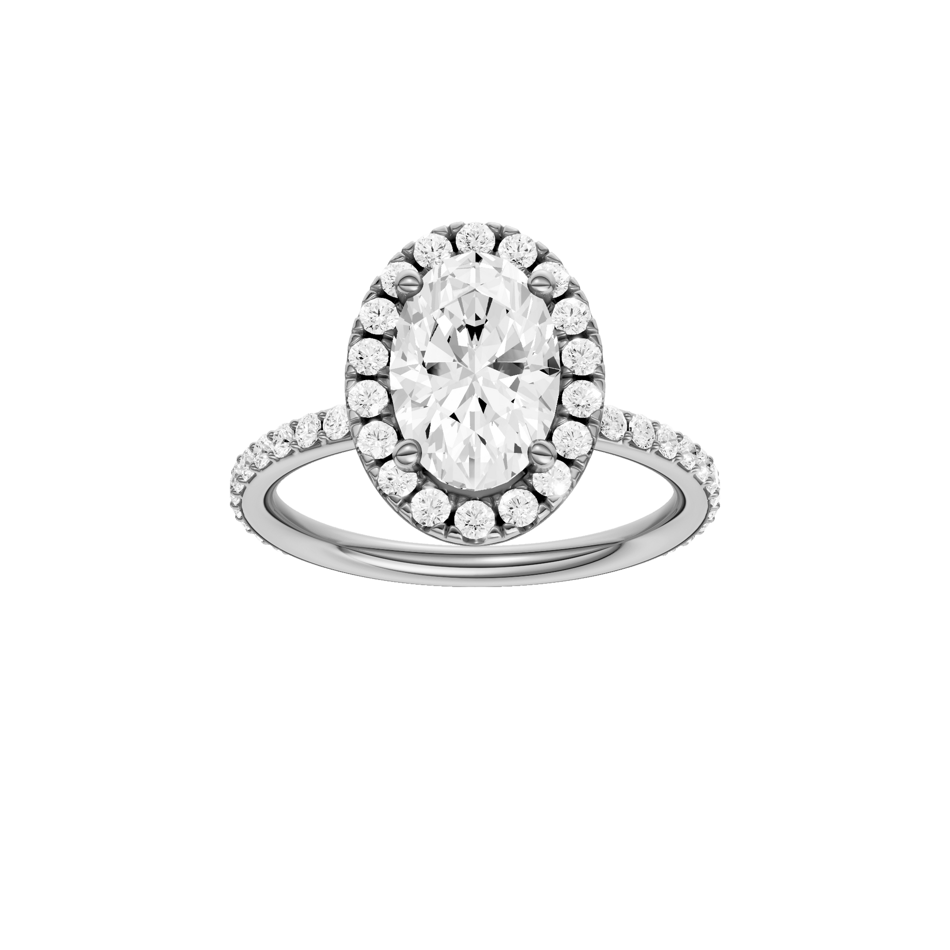 Oval-cut diamond engagement ring with a prong-set diamond band and halo setting.