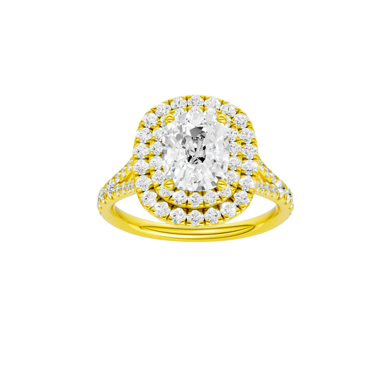 Elongated cushion-cut diamond engagement ring with a prong-set diamond band and double-halo setting.