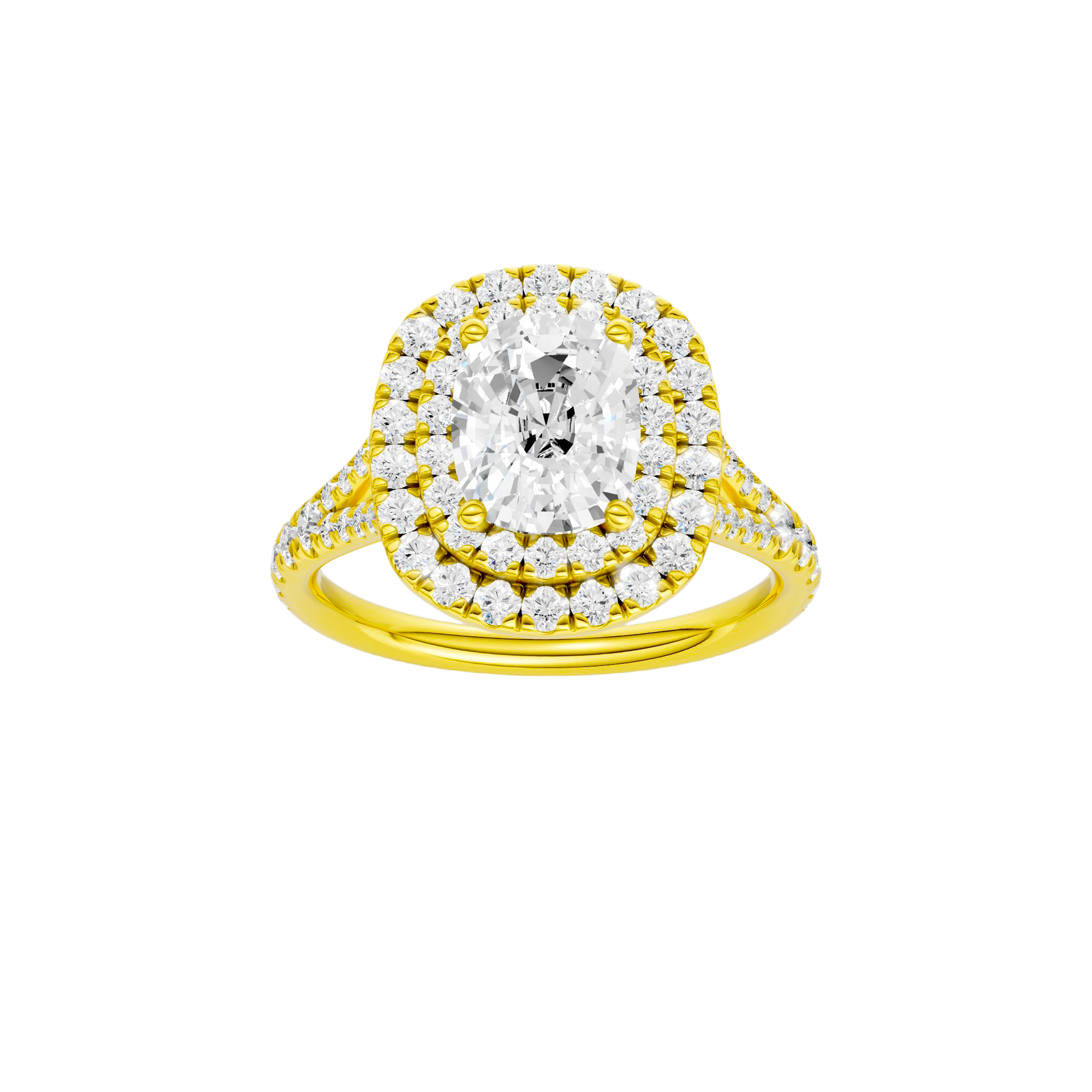 Elongated cushion-cut diamond engagement ring with a prong-set diamond band and double-halo setting.