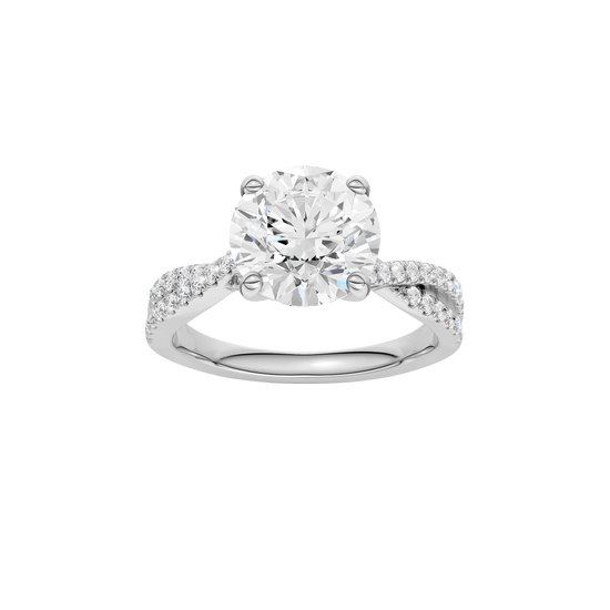 Round-cut diamond engagement ring in 14k white gold with a prong-set diamond band and twist setting