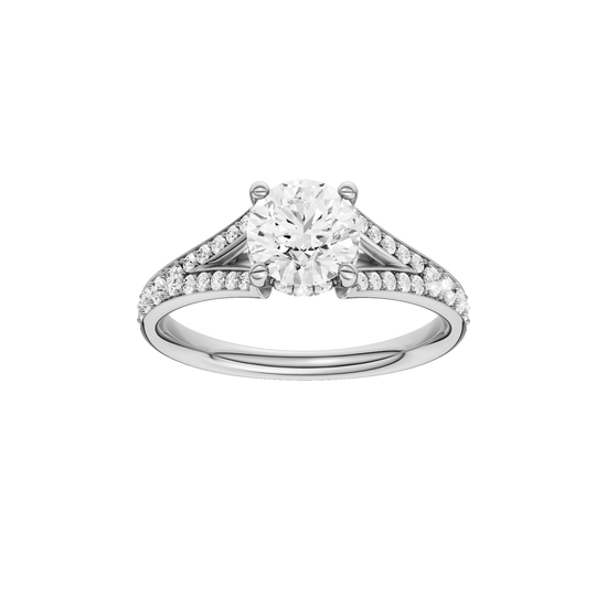 Round-cut diamond engagement ring with a channel-set diamond band and hidden-halo setting.