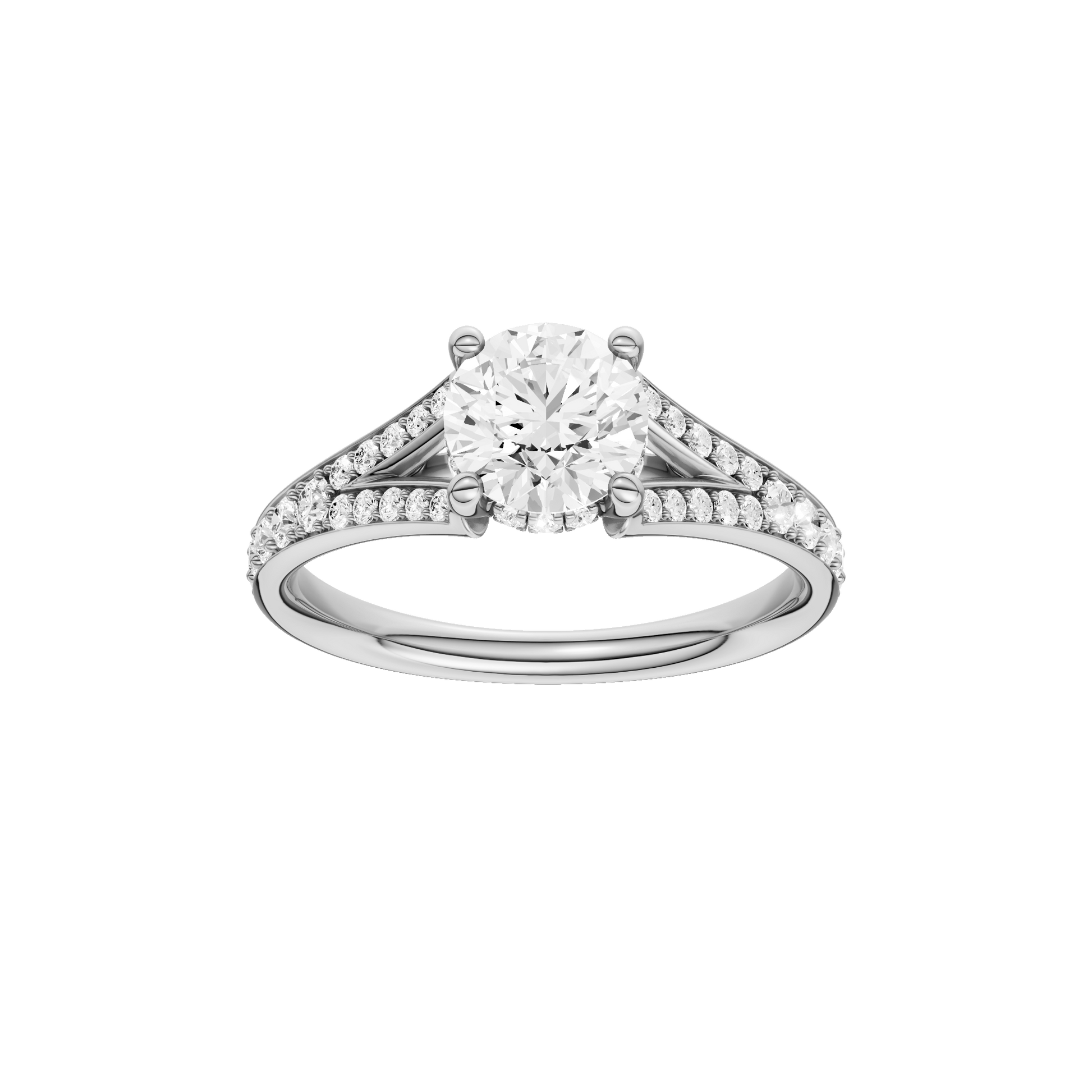 Round-cut diamond engagement ring with a channel-set diamond band and hidden-halo setting.